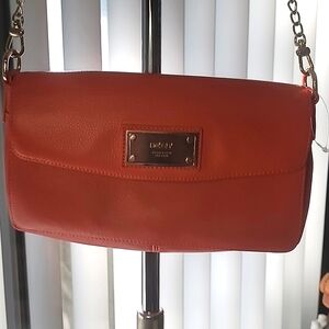 DKNY Donna Karan Super Soft Leather Brown Fold-Over Clutch Purse Shoulder New